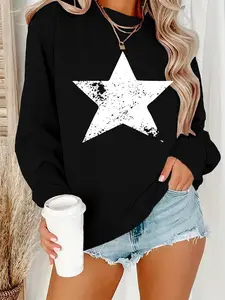Women's Cartoon Star Print Drop Shoulder Sweatshirt, Casual Long Sleeve Round Neck Pullover for Daily Wear, Ladies Clothes for All Seasons