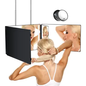 New LED 3 Way Mirror For Self Hair Cutting Mirror Makeup Mirror Barber Supplies Accessories 360 Vanity Mirrors With Light Trifold Mirror To See Back Of Head