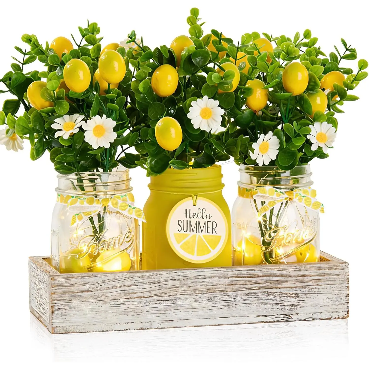 Lemon Kitchen Decor, Centerpieces for Tables, Mason Jar Lemon Party Decorations for Home, Fake Artificial Lemons Flower, Wood Tray, 22 Pcs Farmhouse Summer Table Decorations Outdoor for Kitchen