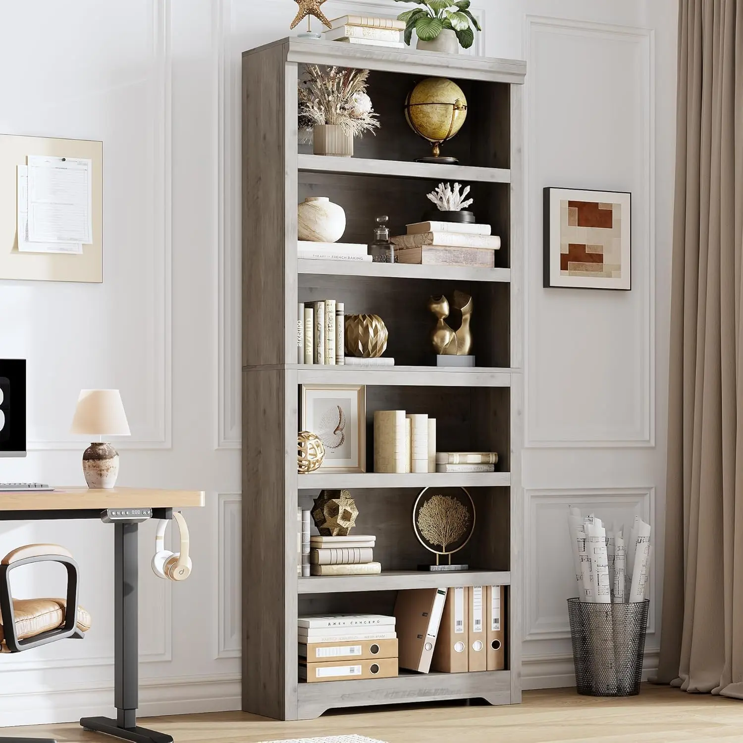 GAOMON Tall Farmhouse Bookshelf - 6-Tier Adjustable Open Sturdy Stable Contemporary Minimalist Bookcase with Anti-Tip, Anti-Slip, Assembly Required, Freestanding Storage for Home Office, Living Room - Hand-Grabbed Gray Carlo