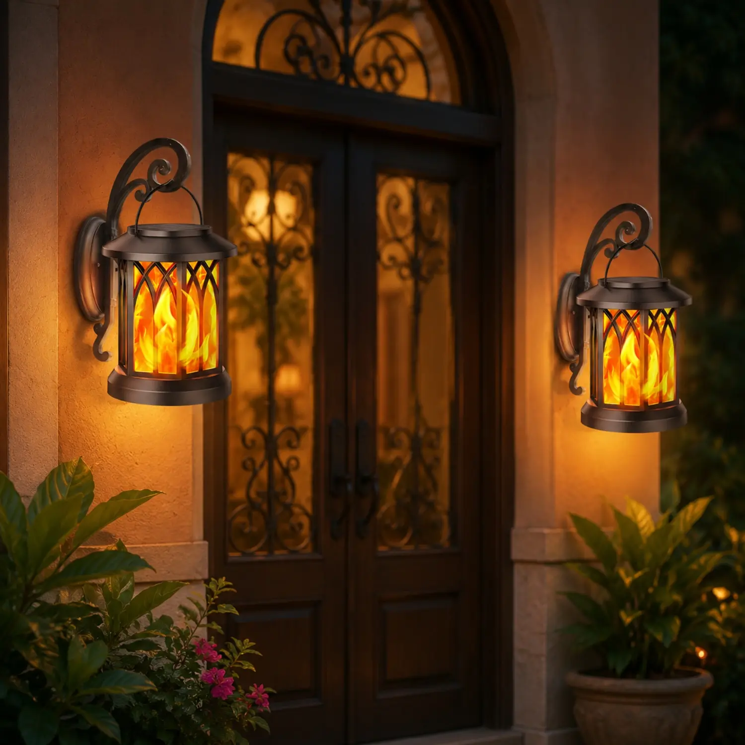 2pcs,Solar powered outdoor light, flashing flame lighting effect, hanging solar powered outdoor pendant light IP65 waterproof, hanging lantern decoration, courtyard garden decoration light,Halloween Christmas Decoration Lights