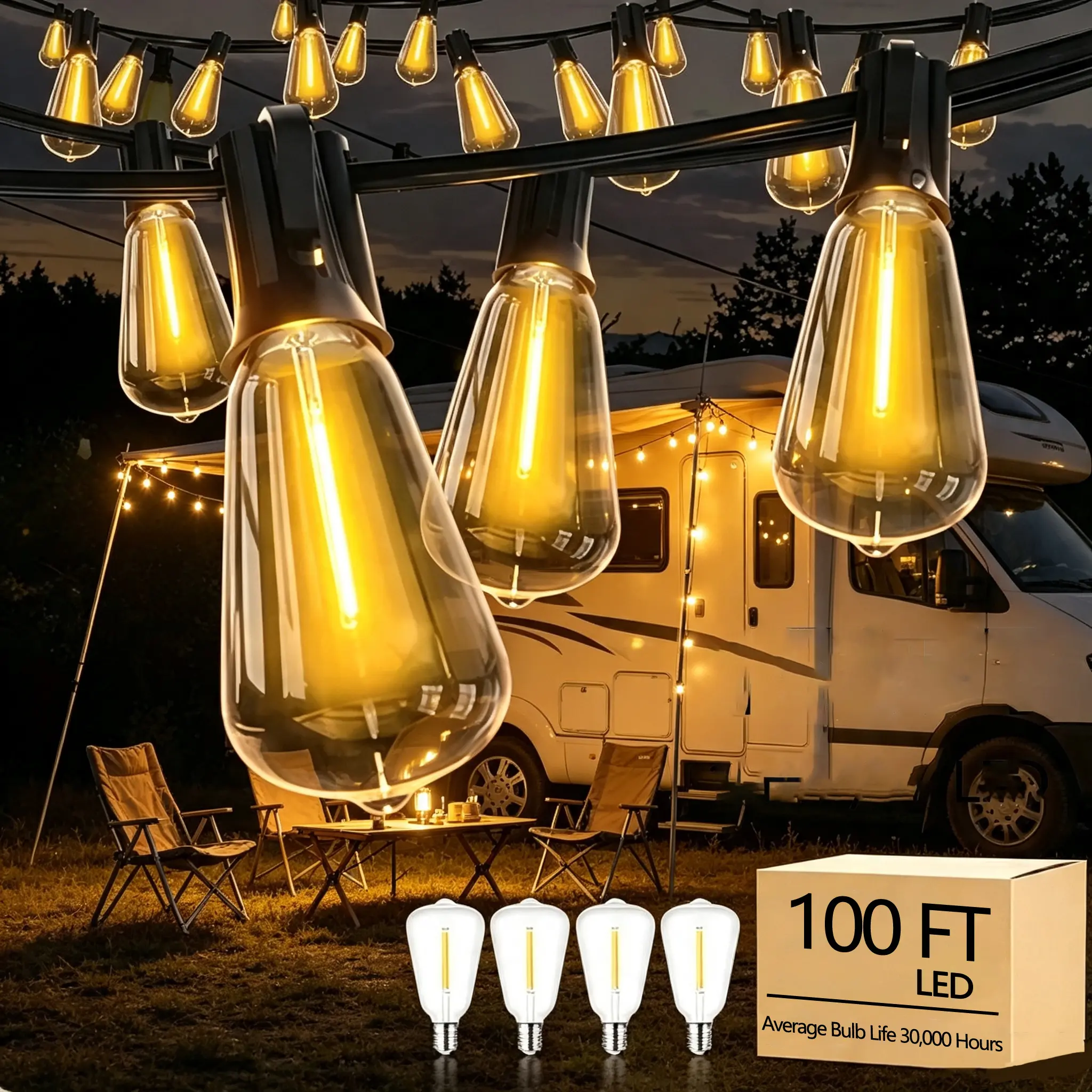 Plug-in Vintage RV String Lights, Waterproof Connectable Bulb Lights for Camper Van Life, RV Awning Exterior Camping Night Party Decor