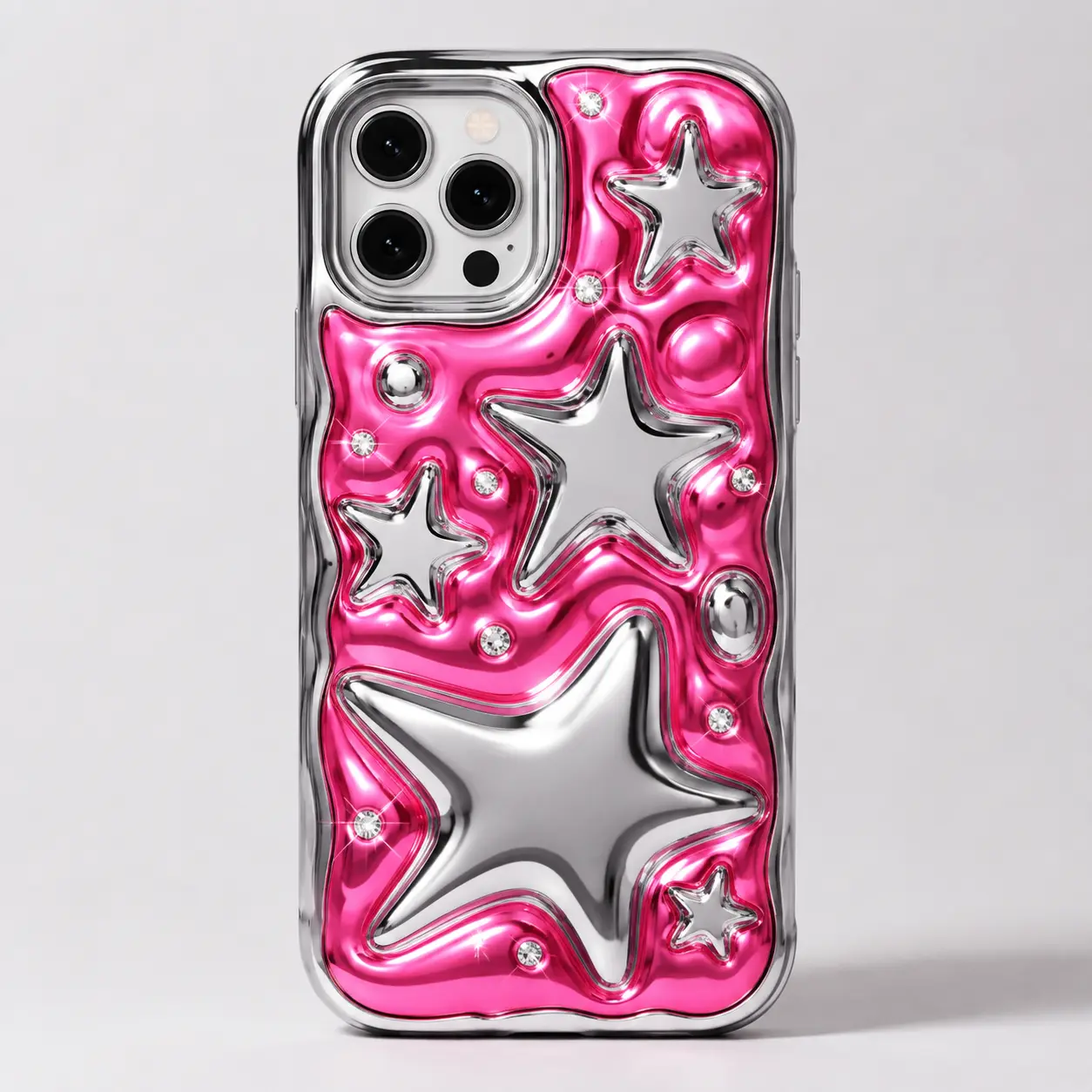 Starry Pink iPhone Case with Rhinestones and Silver Stars for Stylish Protection