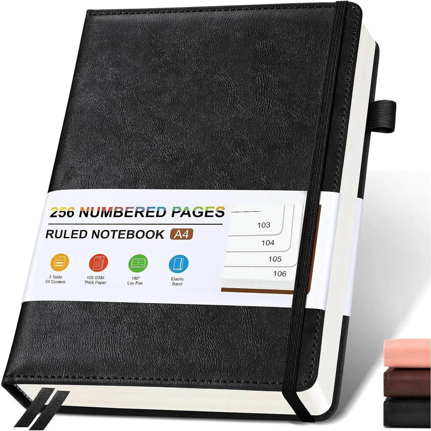 Lined Leather Journal Notebook for Men Women, Hardcover Journals with 256 Numbered Pages, A4 Journaling Notebooks for Writing, 100GSM Thick Ruled Paper for Business Work School 8.5"x11", Black