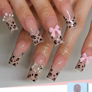 A32 Leopard Print Cheetah Print Nails With Pink Bow Hello Kitty Charm Y2K Press On Nails Trendy 24 Set Long Lasting Strong Nails