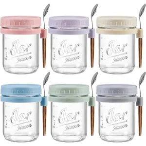 6 Pack Overnight Oats Containers with Lids and Spoons, 16 oz Glass Mason Overnight Oats Jars, Large Capacity Airtight Jars for Milk, Cereal, Fruit