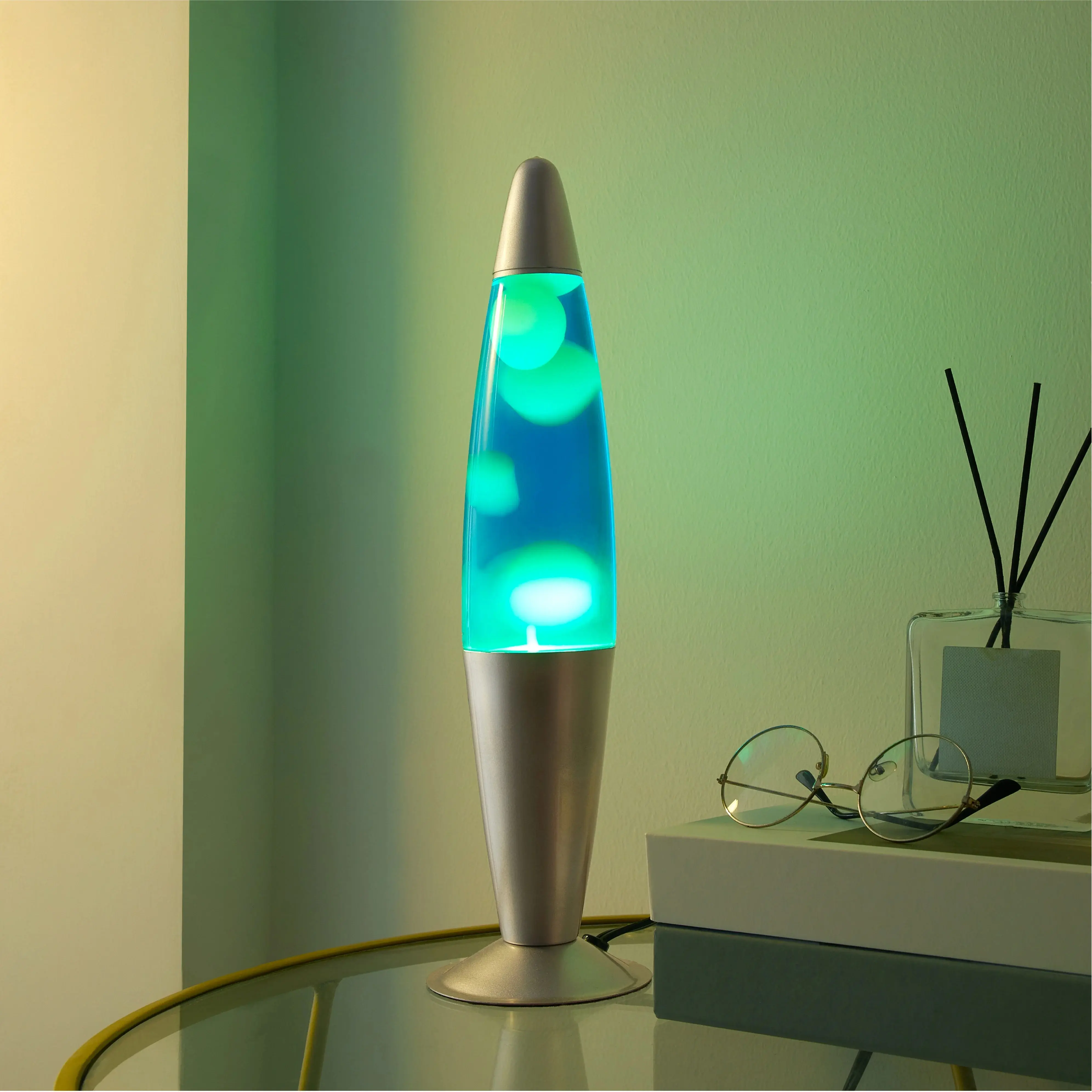 16-Inch Yellow Blue Lava Motion Volcano Lamp with Incandescent Light, Silver Metal Base