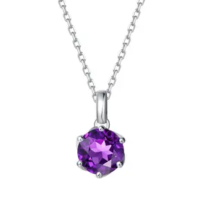 FANCIME “Everbloom” 14K Solid White Gold Amethyst Birthstone Gemstone Pendant with Sterling Silver Chain Necklace