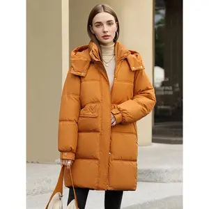 Women's Thickened Winter Hooded Puffer Jacket Mid-Length Loose-Fit Long Sleeve Windproof Outerwear with Pockets & Hood Machine Washable Cold Weather Parka for Skiing Snowboarding & Daily Use