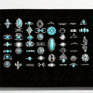 50pcs Bohemian Style Wholesale Bulk Ring, Vintage Fashion Stackable Rings, Flower, Teardrop, Crown, Geometric Design, Elegant and Mysterious Jewelry, Suitable for Women Men Teenager Daily Party, Perfect Gift, Valentine's Day