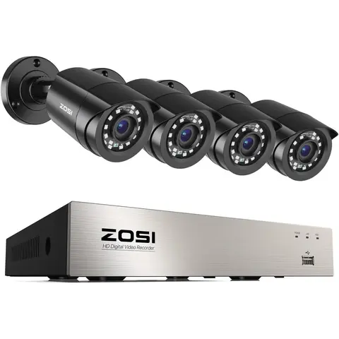 ZOSI 8CH H.265+ DVR Security System with 4PCS Weatherproof 1080P Motion Detection Cameras, AI Smart Detect, Night Vision, Remote Monitoring, AC Power, ABS, Indoor/Outdoor Use, Smart Home Gadgets (Hard Drive Not Included, 2-Year Guarantee)