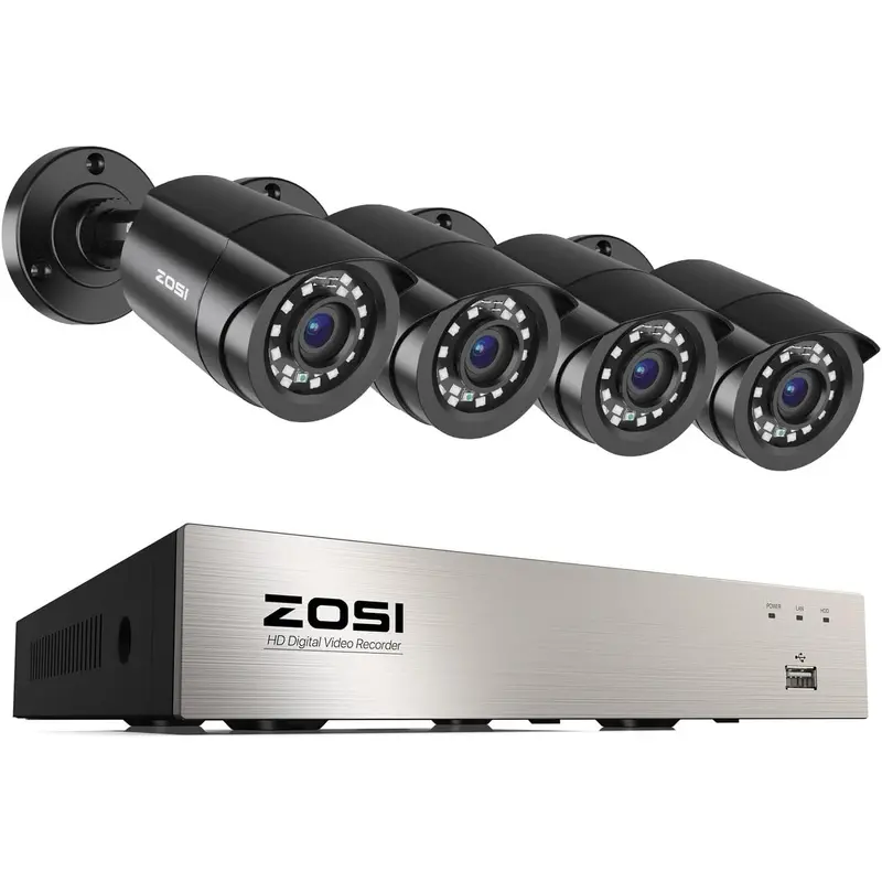 ZOSI 8CH H.265+ DVR Security System with 4PCS Weatherproof 1080P Motion Detection Cameras, AI Smart Detect, Night Vision, Remote Monitoring, AC Power, ABS, Indoor/Outdoor Use, Smart Home Gadgets (Hard Drive Not Included, 2-Year Guarantee)