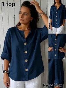 Women's Loose-Fitting V-Neck Cotton Linen Button Shirt Blouse, Summer Casual Fashion Top, Multiple Colors Available, Ideal for Home, Work, Shopping