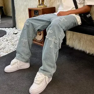 Men's Street Wear Cowboy Cross Embroidered Jeans Straight Tube Blue Skateboarding Pants Spring DeclarationGift