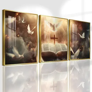 3 Count Aluminum Alloy Frame Canvas, Holy Bible Cross And Dove, Fashion Poster, Wall Decoration, Modern Art, Suitable For Living Room, Bedroom, Kitchen, Home Office, Cafe, Bar, Dormitory, Corridor, Family Decor, Gift