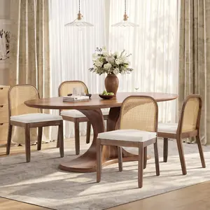 Mid-Century Farmhouse Cane Back Dining Chairs Set , Modern Distressed Solid Wood Frame, Chenille Cushioned Armless Accent Chairs , Light Luxury Rattan for Kitchen & Dining Room
