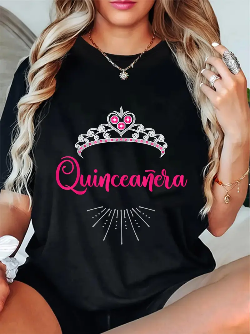 100% Cotton Unisex 15th Birthday Quinceanera Birthday Tiara Spanish T-Shirt T-Shirt