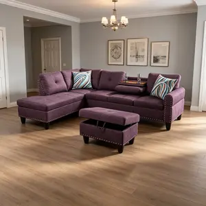 Amaranth Linen 3-Piece Exquisite Living Room Sofa Set - Luxury-Themed Longlasting Indoor Sofa, Breathable Linen Material, Soft Textured Surface, Resilient Cushions, Solid Frame, Stylish Home Furnishing, Exquisite Sofa Sets, Longlasting Sofa Sets