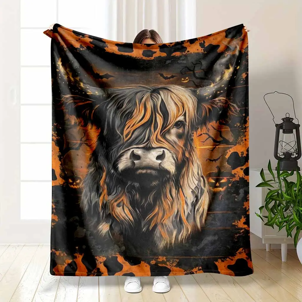 Highland Cow Halloween Flannel Blanket Spooky Pumpkin Bat Plush Throw Ultra Soft Rustic Couch Blanket Fall Spooky Season Room Decor Gift