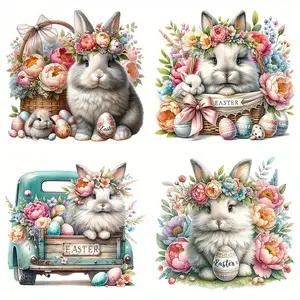 Easter Bunny Cartoon Applique Patches, 4 Counts/set PVC Material Heat Transfer Stickers for DIY T-shirts and Backpacks, DIY Clothing Decoration