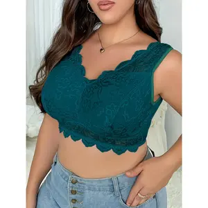 Plus Size Elegant Bra, Women's Contrast Floral Lace Fan Trim High Elastic Wide Strap Bra