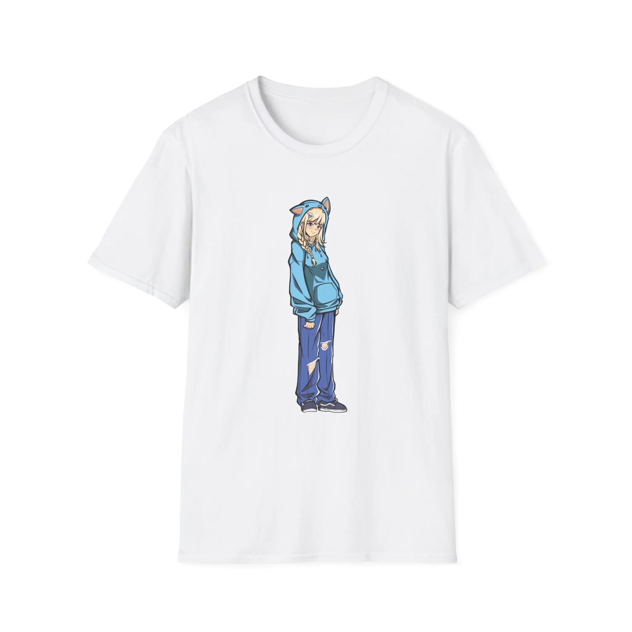 Blue Hoodie Anime Girl T-Shirt | Kawaii Streetwear Character Tee