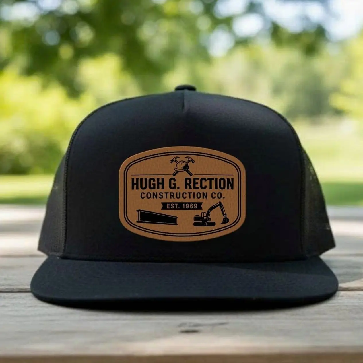 Hugh G. Rection Construction Co. Leather Patch Trucker Hat, Funny Construction Snapback Cap, Blue Collar Work Hat, Contractor Gift