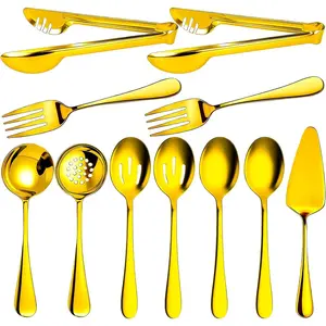 11PCS Gold Stainless Steel Large Serving Utensils Set Includes Spoons Slotted Spoons Forks Tongs Soup Ladle Cake Server for Buffet Party Catering