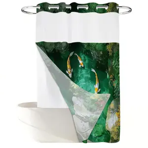 1PC 2D Flat Chinese Style Koi Pond Shower Curtain, Zen Waterscape Green Plant Design, Waterproof Detachable Liner Bathroom Curtain (No Hooks)