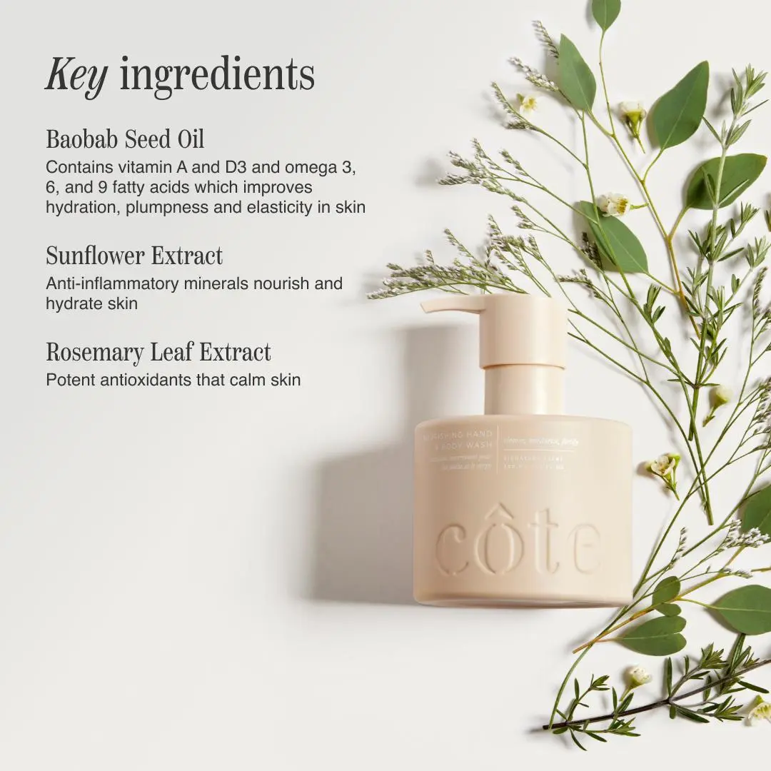 Côte Beauty Nourishing Hand & Body Wash 300ml Vegan Cruelty Free with Rosemary Leaf & Sunflower Extracts for Luxurious Care