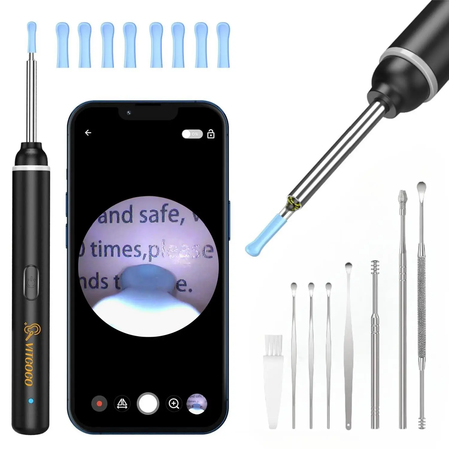 Vitcoco Earwax Cleaning Tool with Camera, Equipped with 6 LED Lights, 3mm Lens Diameter, and 7 Replaceable Silicone Ear Spoons, Compatible with iPhone