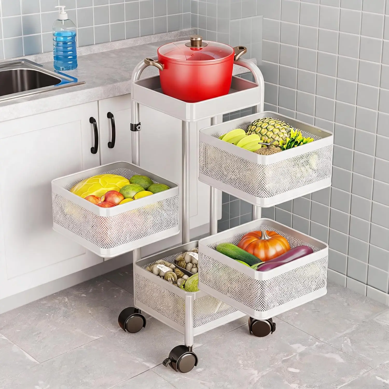 Thickened Carbon Steel Rotating Kitchen Storage Cart with , Mobile Utility Rack with Top Lid, Fruit Vegetable Basket, Rotating Produce Organizer for Bathroom Living Room, No Assembly metal wheel