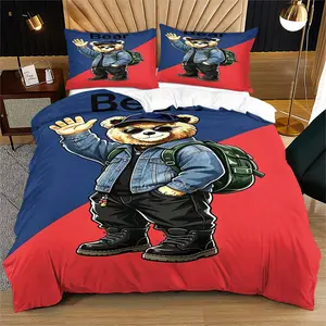 Handsome teddy bear printed pattern duvet cover set, including 1 duvet cover and 1 or 2 pillowcases, without a core or pillow, suitable for bedroom or dormitory bedding set, suitable for gift giving or personal use