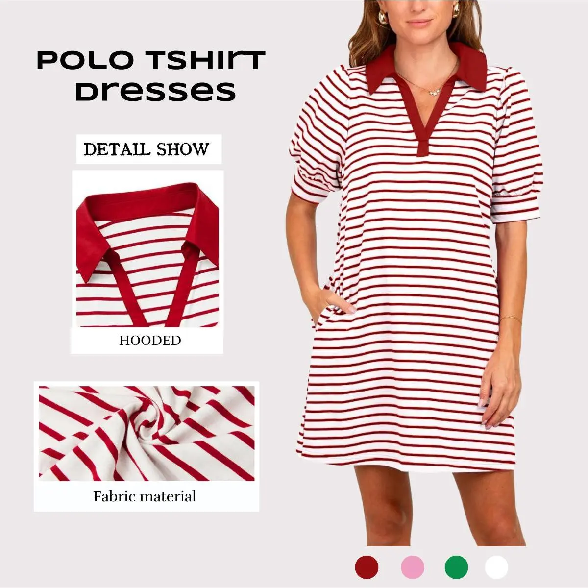 Lannew Women's Summer Lapel Collared V Neck Striped Dress Casual Puff Short Sleeve Polo Tshirt Dresses with Pockets