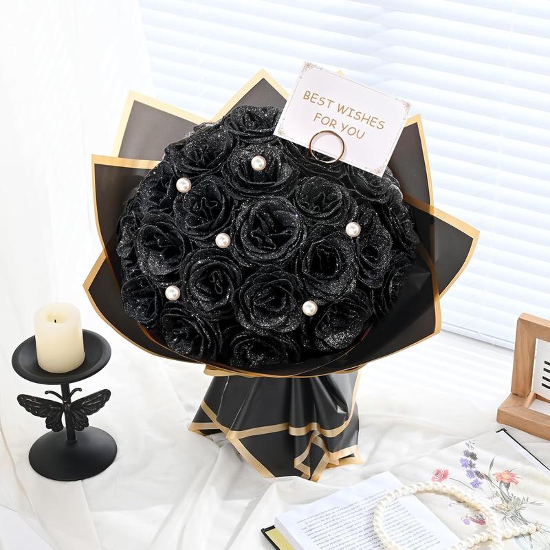 Black Glitter Roses Bouquet, DIY   Bouquet, Artificial Rose Bouquet for Valentine's Day, Anniversary, Engagement, Wedding, 24 Roses