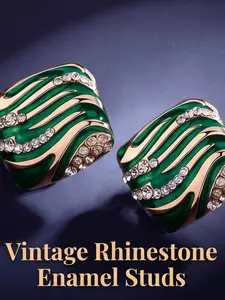 Hypoallergenic Emerald Green Enamel Wavy Striped Square Stud Earrings for Women, Vintage Sparkly Rhinestone Inlaid Stud Earrings for Daily Wear Office Date Night Cocktail Party Business Event Vacation, Ideal Gift for Girlfriend & Best Friend on Birthday V