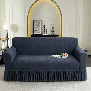 Solid Color Jacquard Sofa Cover with Skirt, 1 Count Soft Comfortable Stretchable Sofa Slipcover, Dustproof Sofa Cover, Elastic Sofa Slipcover for Home Living Room Hotel Dormitory