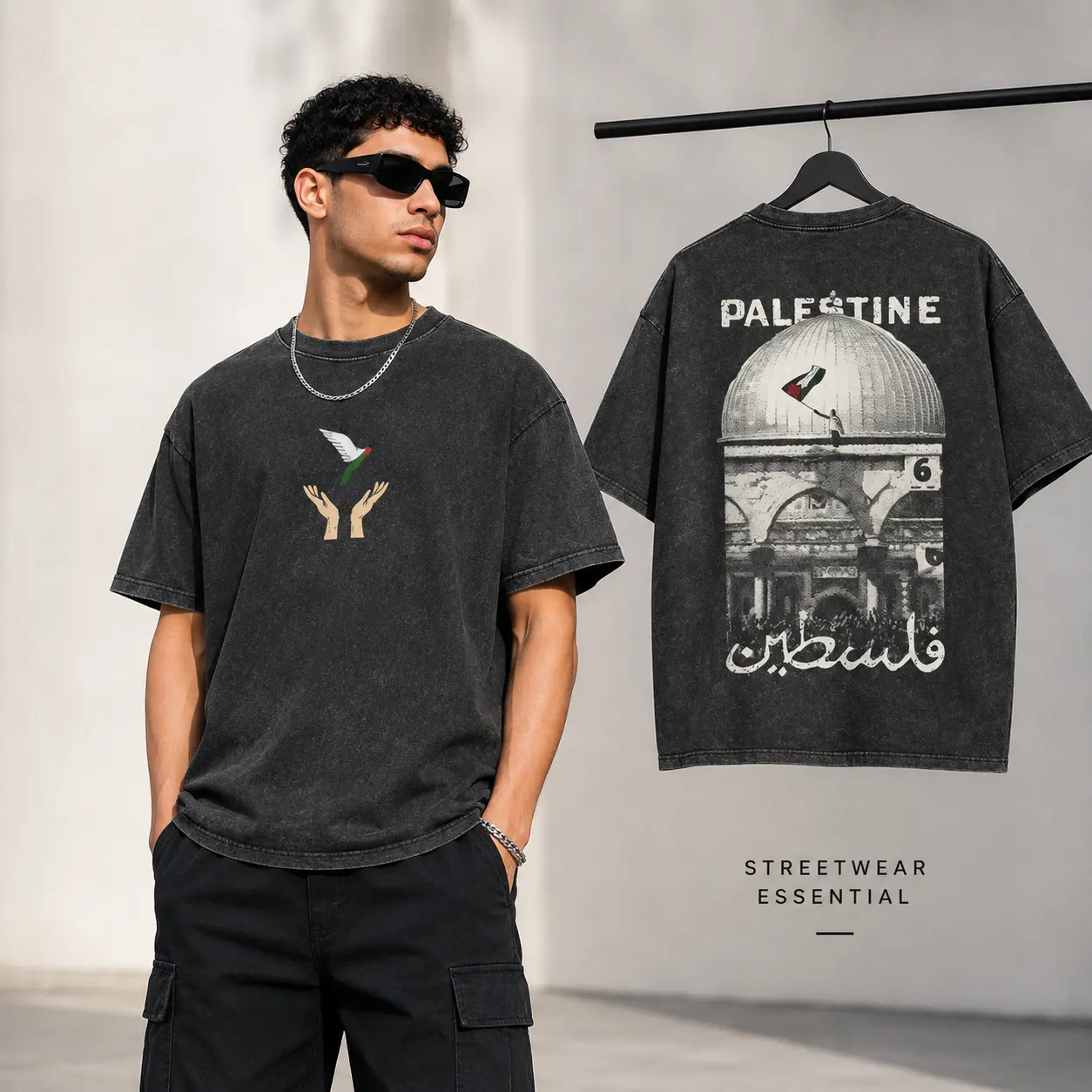 Men’s Palestine Vintage Washed Oversized Graphic T-Shirt, Front & Back Peace Dove & Heritage Dome Print, 100% Cotton Streetwear Tee Casual Arabic