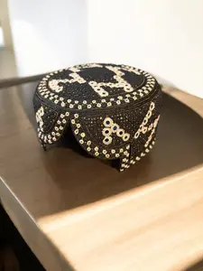 Hand-Embroidered Black Baluchi Hat with Peach Shesha Detailing | Traditional Afghan Cap | Luqmaan Boutique