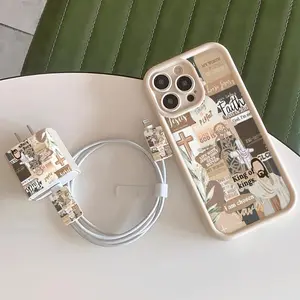 Vintage Jesus Cross Pattern Phone Case with Charger Saver & Cable Protector & Storage Rope, Anti-drop Phone Case for iPhone, Casing, Cover, Accessories