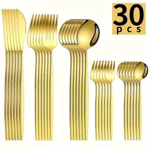 A 30/5pcs Stainless Steel Cutlery Set - Elegant Utensils with a Mirror Finish, Dishwasher Safe, Including Forks, Knives, And Spoons - a Durable Collection of Tableware.