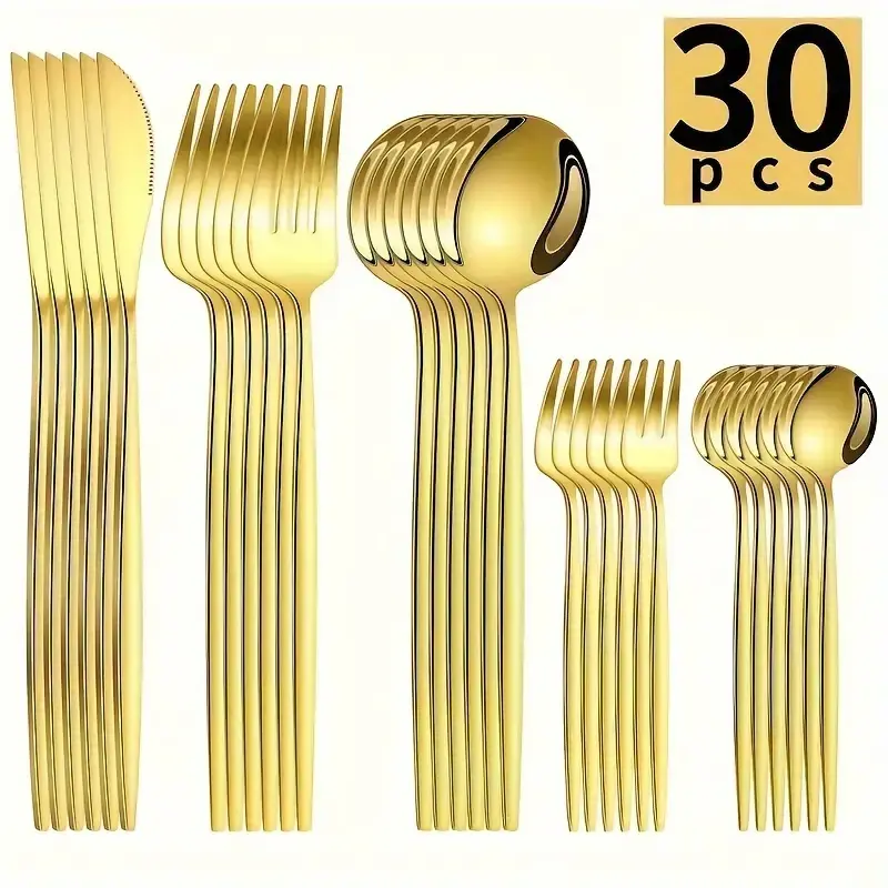 A 30/5pcs Stainless Steel Cutlery Set - Elegant Utensils with a Mirror Finish, Dishwasher Safe, Including Forks, Knives, And Spoons - a Durable Collection of Tableware.