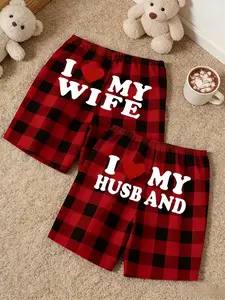 Red Green Plaid Couple Pajama Shorts Set, I Love My Wife & I Love My Husband Print, Elastic Waist Loungewear for Couples, Cozy Matching Bottoms for Valentine's Day, Anniversary & Casual Home Wear, Matching Sets, Valentines Pj, Comfy Homewear