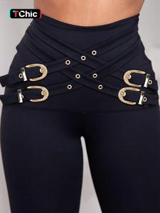 women's criss cross metal buckle decor high waist leggings, fashion casual comfy breathable skinny legging pants for daily wear, ladies bottoms, womenswear for all seasons, leggings for women, leggings for women, soft leggings