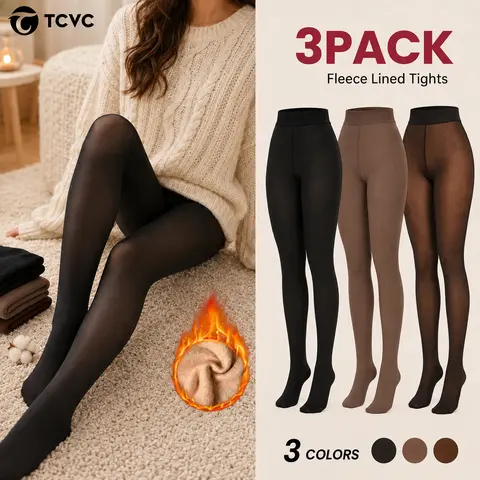 TCVC Women's Fleece Lined Tights, High Waist Fake Translucent Pantyhose, Super Soft Thermal Winter Warm Stockings, Stretchy Comfort Sheer‑Look Fleece Lined Hosiery, Cold‑Resistant Warm Leggings Tights for Fall Winter Daily Wear, 3‑Pack Multi‑Colors