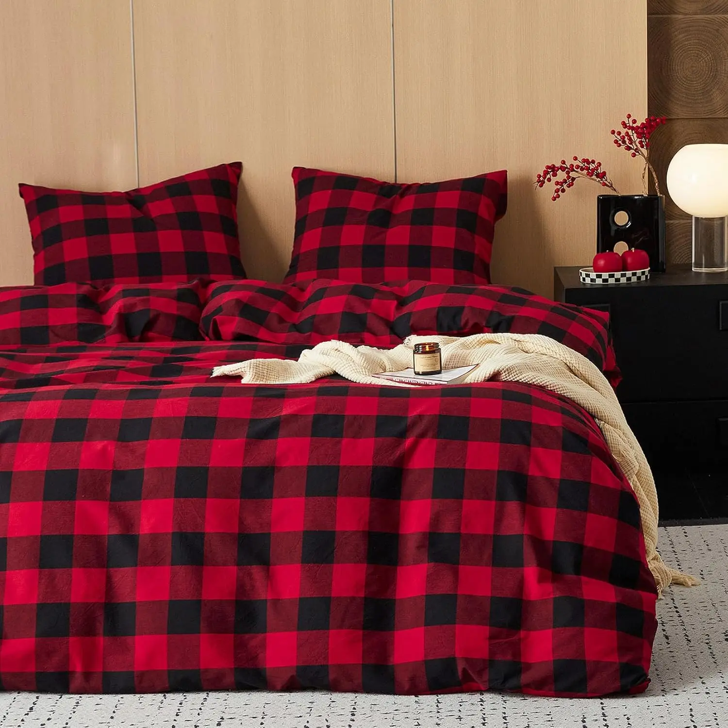 - Ggham Cotton Duvet Cover Set, Plaid Buffalo Check Checkered Farmhouse,  Washed Cotton Textured Percale Beddg Set, 3 count, Red Black, Kg Size