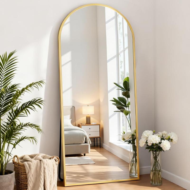 Full Length Mirror, 65"x24" Floor Mirror, Arched Floor Standing Freestanding Arch Full Body Mirrors with Stand for Bedroom, Hanging Mounted for Living Room Cloakroom,Gold