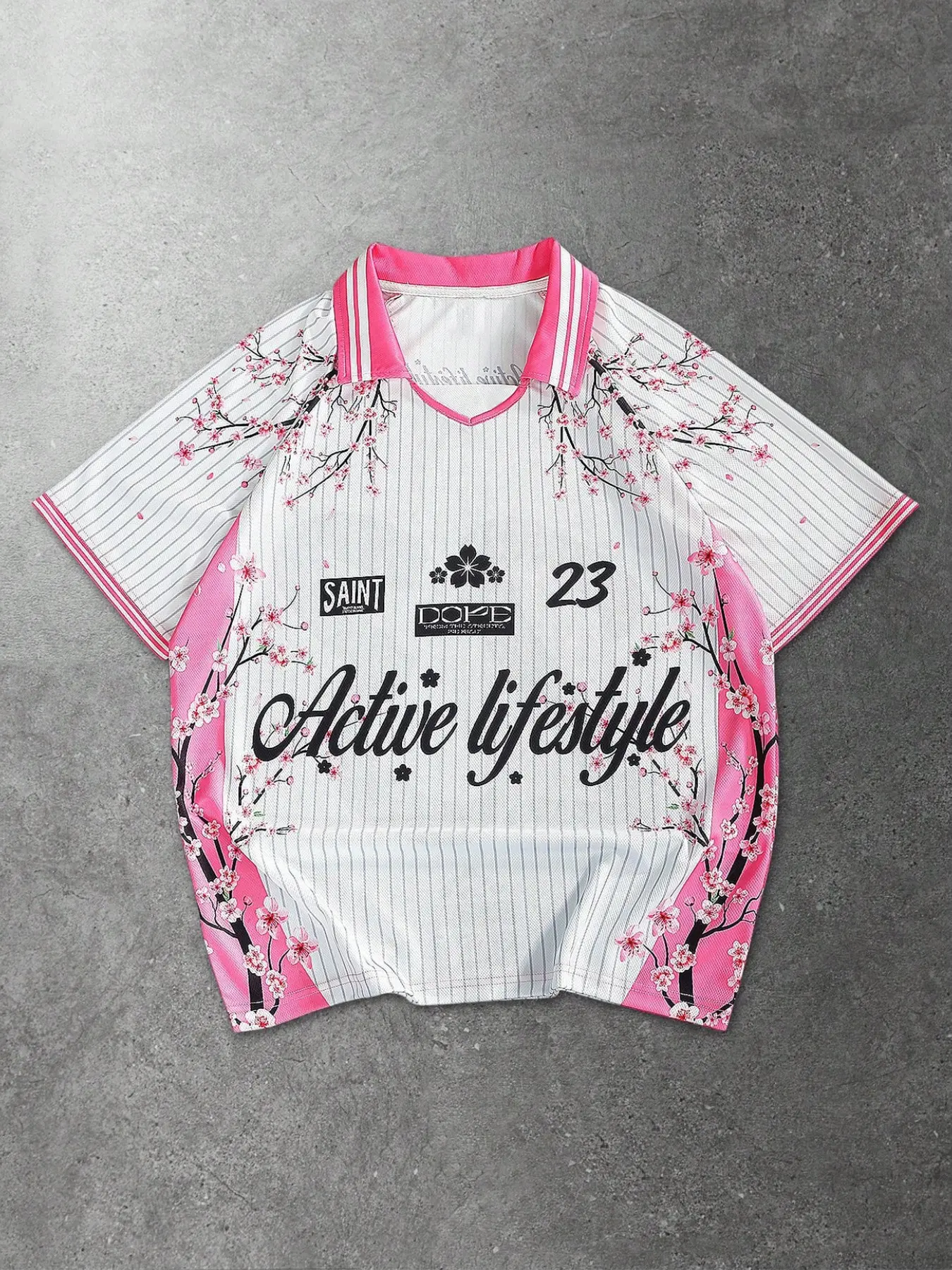 Pink Japanese Sakura Aesthetic Jersey with Stripe Details, Vintage Number 23 Floral Sporty Top, Soft Pink Active Lifestyle Graphic Tee for Y2K Street Style & Summer Casual Wear