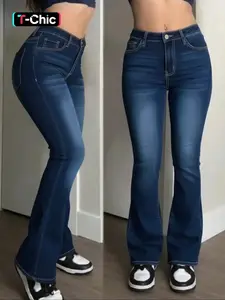 Autumn women's mid-rise washed stretch Fit skinny flared Button Denim jeans, hip-lifting slim flared Bottom pants, Christmas atmosphere wear Womenswear