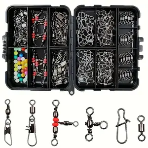 140pcs Fishing Tackle Kit - Stainless Steel Swivels & Snaps with Floats, Assorted Shapes, Durable Black Box for Anglers, Fishing Gear Essentials | Compact Storage Box | Durable Construction, Fishing Tackle Box